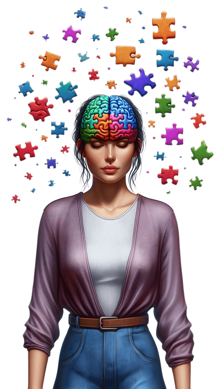A woman with her eyes closed, her brain drawn as colourful puzzle pieces